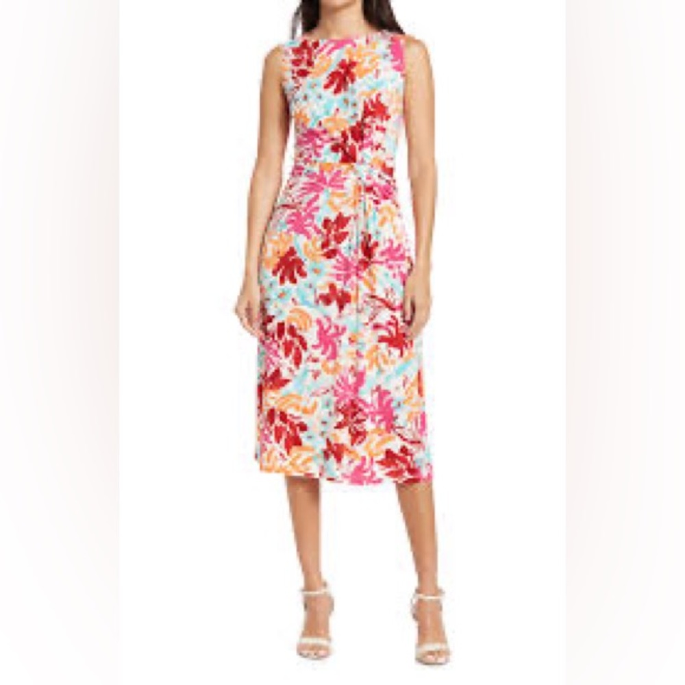 Maggy London Side Twist MIDI Dress in Soft White/Orange